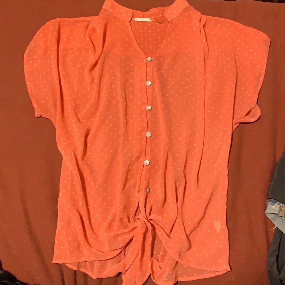 Sheer button tie house, fun polka dot embroidery